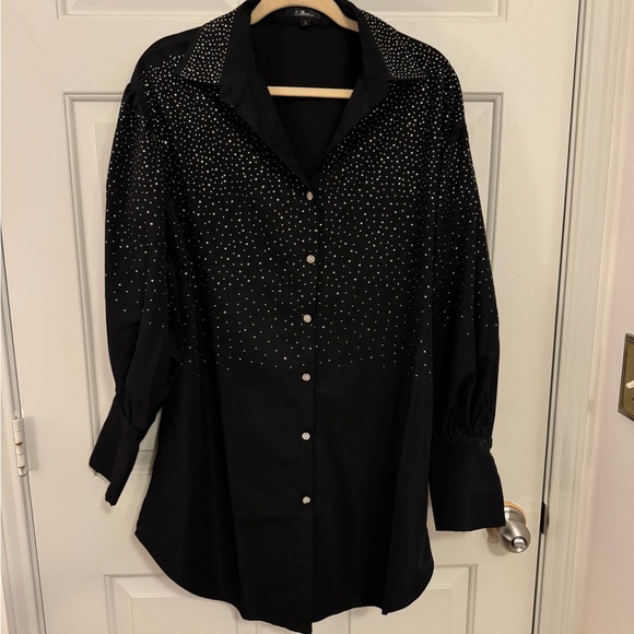 Long Sleeve Rhinestone Black Mini Dress size Large - Picture 1 of 12